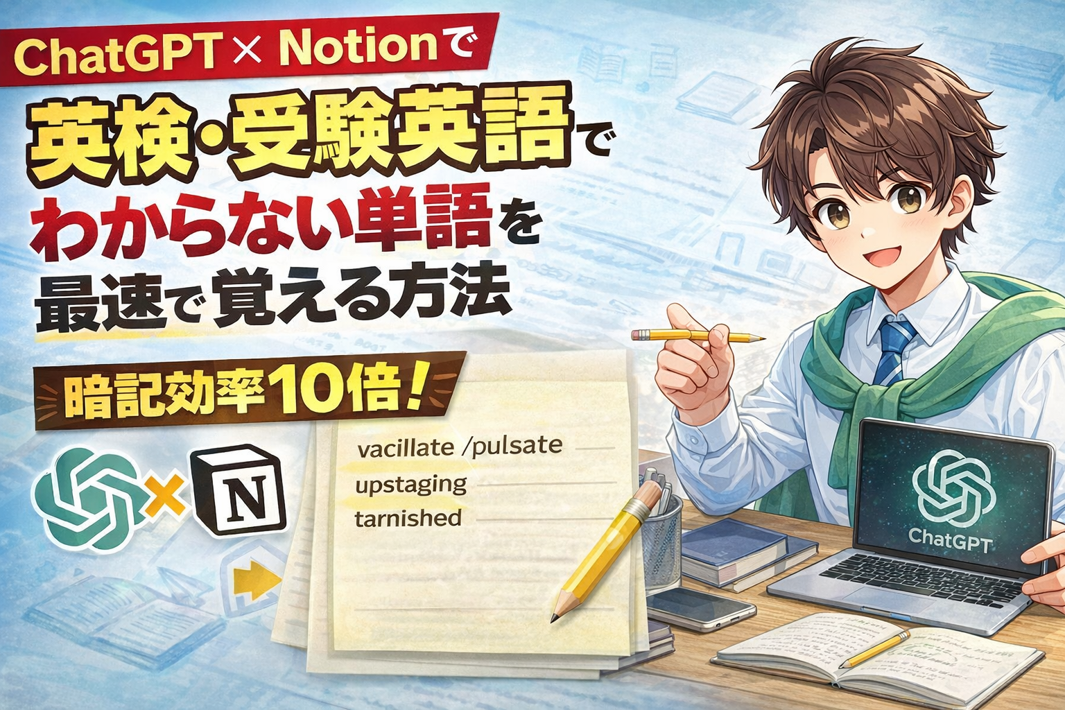 ChatGPTとNotionを使って英検・受験英語のわからない単語を効率的に覚える方法を解説したイメージ画像