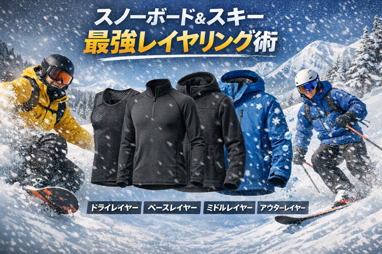 スノーボードとスキーのレイヤリング（ドライ・ベース・ミドル・アウター）を視覚的に示したアイキャッチ画像。雪山で滑走するライダー背景付き