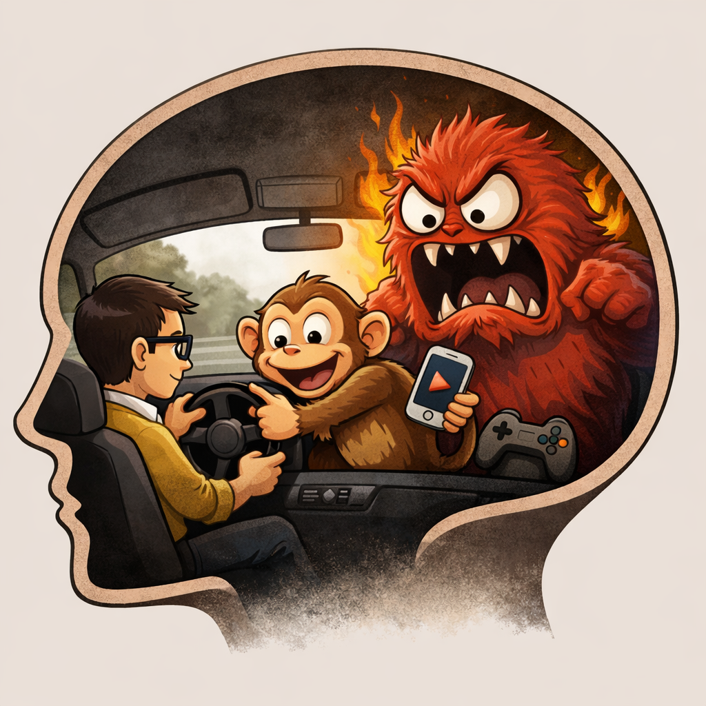 先延ばし癖の仕組みを表した理性・サル・パニックモンスターのイラスト